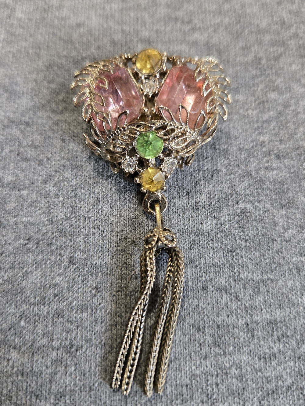 Vintage Rhinestone Brooch Pin Colored Rhinestones Filigree Design Tassel Drop